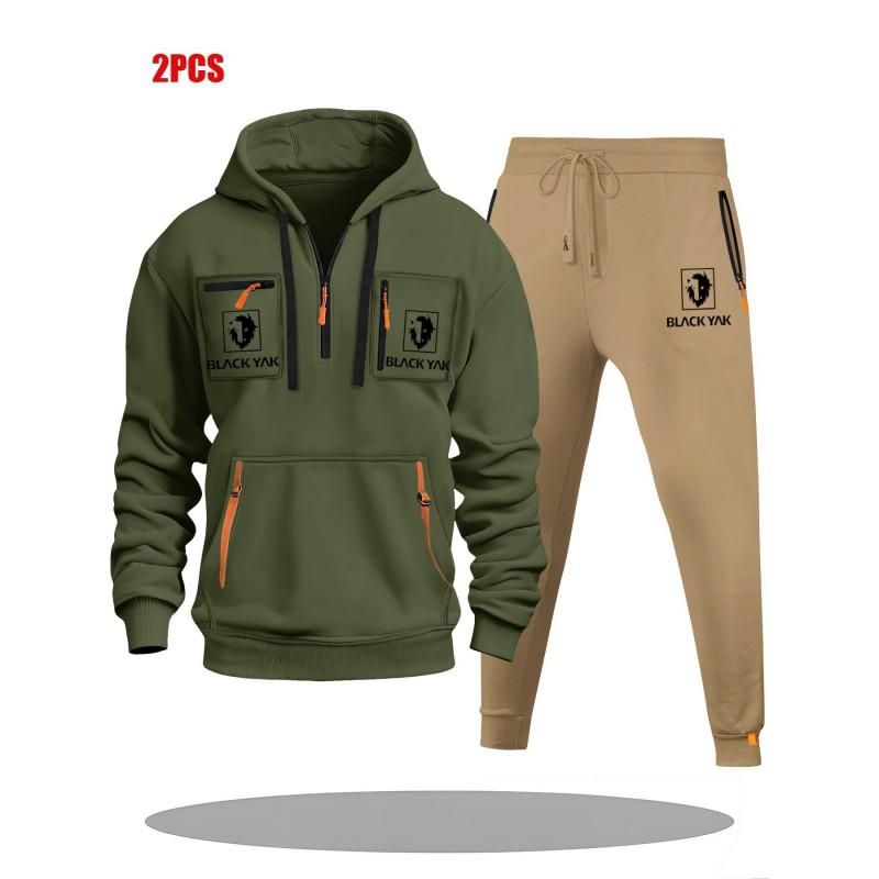 Mens Hoodie Sweatshirt Set Solid Color Multi-Zipper Pockets Casual Wear
