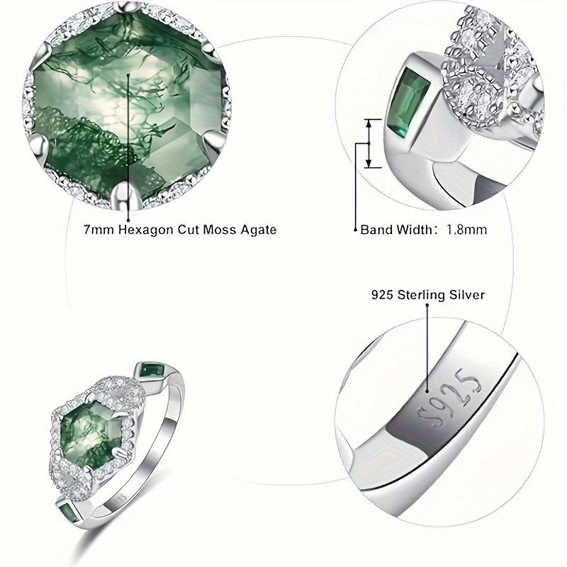 Classic 925 Sterling Silver Ring for Women Unique Natural Moss Agate Crystal Ring for Mom Birthday Engagement Gift