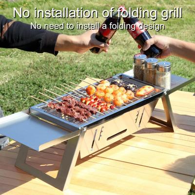 Nerezový venkovní gril BBQ Přenosný skládací gril na dřevěné uhlí s taškou na přenášení rukavic Odolný kempovací piknikový gril na zahradu