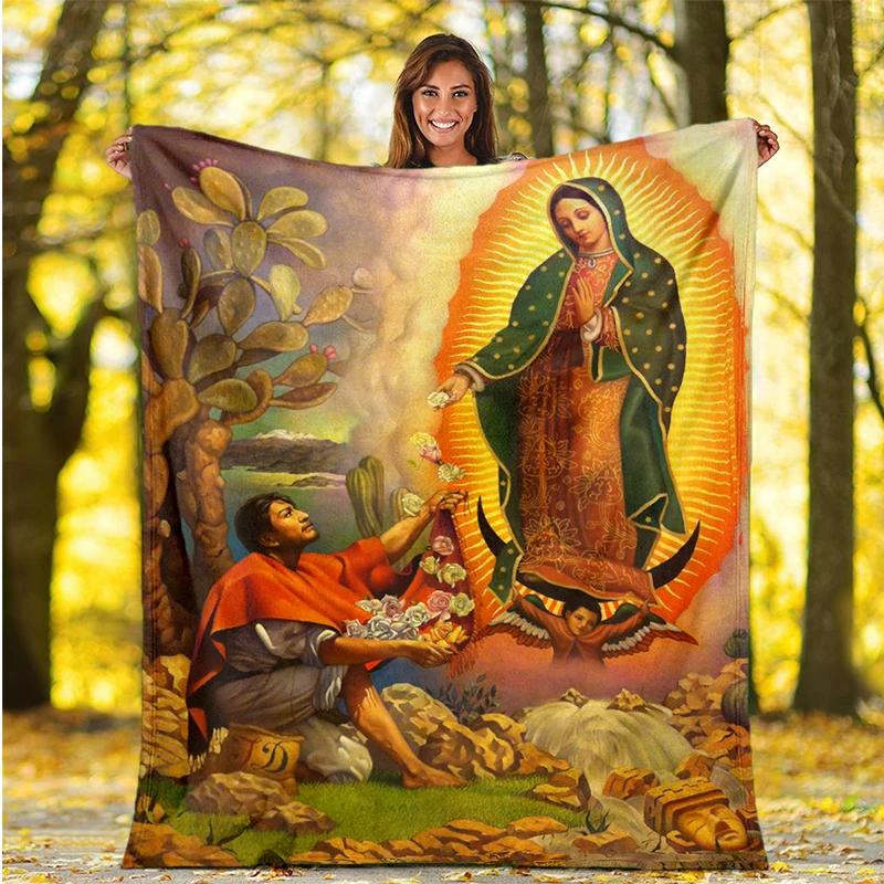 Our Lady of Guadalupe Pattern Flannel Throw Blanket Religion Mary Soft Cover Lightweight Warm for Bedroom Sofa Decor Kids Adults