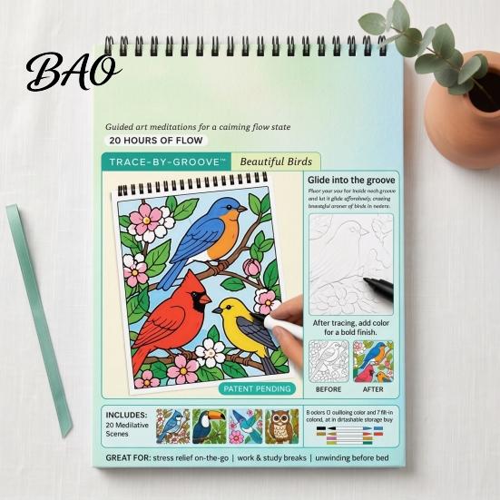 Spiral Bound Drawing Album Trace-By-Groove Guided Coloring Book, Clear Artistic Printing with 20 Decorative And Painting Set for Teens Scenes