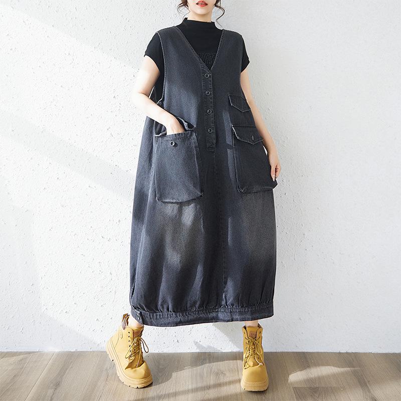 2026 Spring/Summer Retro V-Neck Plus Size Loose Tank Dress XL Plus Size