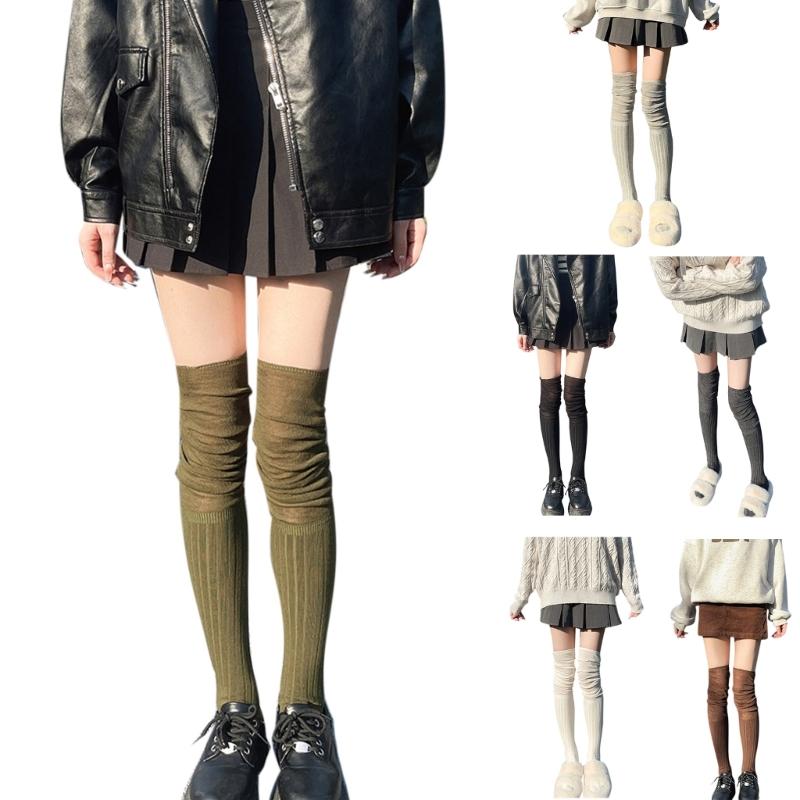 Japanese Women Elastic Over Knee Socks Student Slouch Top Rib Knit Long Stocking