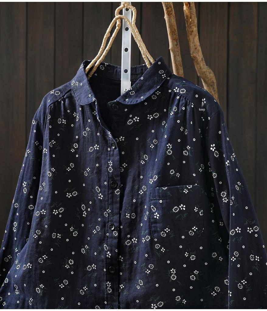 Spring 2026 Women's Retro Floral Cotton Gauze Long-Sleeve Shirt