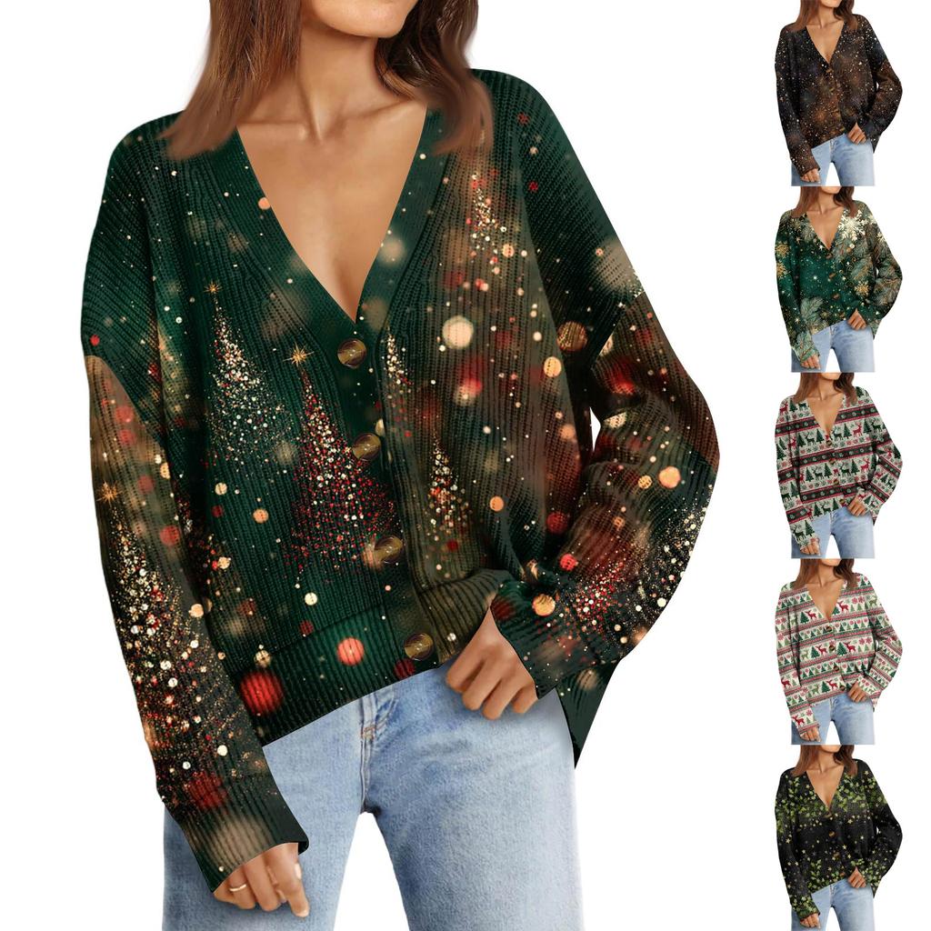 Women's Fashion Long Sleeve Christmas Print V-Neck Button Loose Cardigan Top