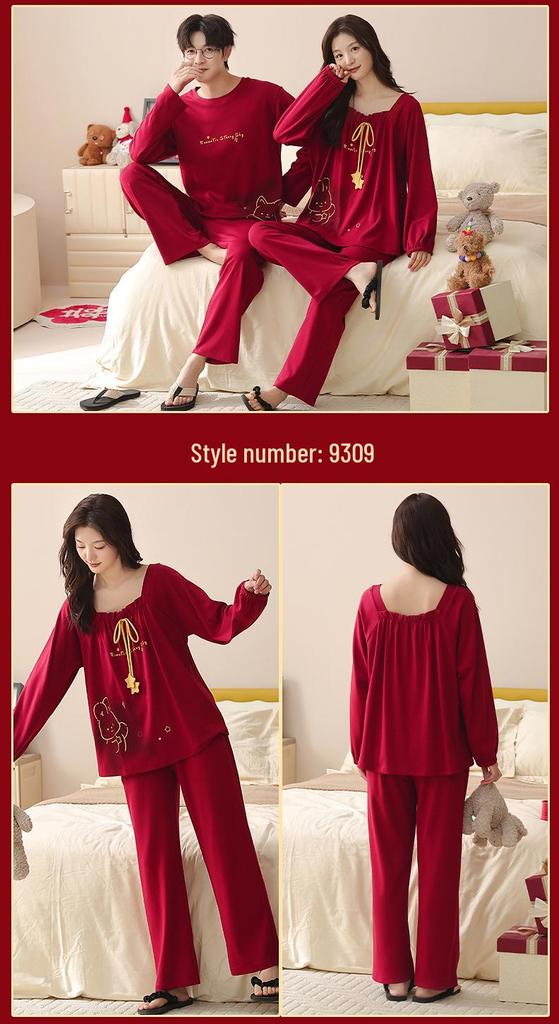 Wine Red Pure Cotton Long Sleeve Pajama Set for Newlywed Couples - Spring & Autumn Festive Homewear
