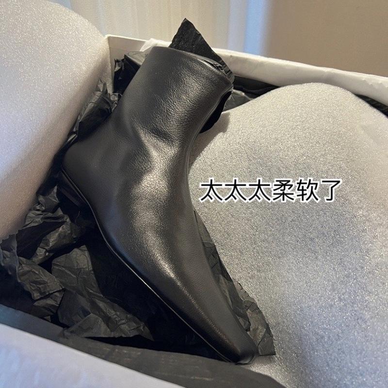 Cowhide Version~ French Small Ankle Boots Special-shaped and Thin Boots Leather Low-heeled Martin Boots Women's Square Head Foreign Style Small S