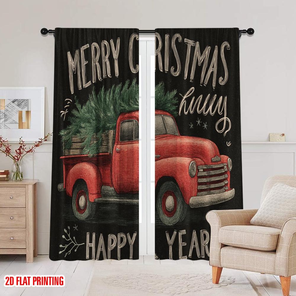 2pcs,2D plane printing Pattern Curtains Christmas Car Polyester Fabric (without rod) Versatile All Ldeal for Bedroom, Living