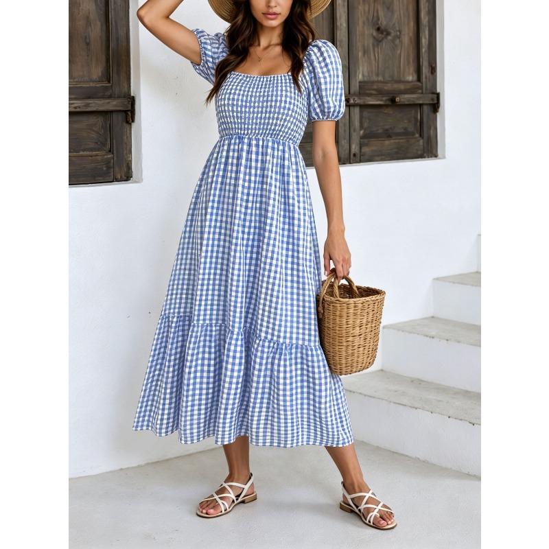 TIFICY Women s Fashion Summer Spring Plaid Print Short Sleeve Square Collar High Waist Casual Dresses S