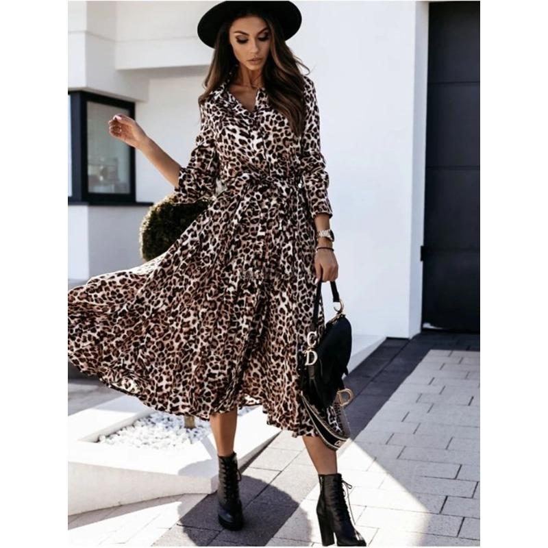 Women's Leopard Print Dress Spring Long Sleeve Lapel Lace-up Button Up Loose Casual Sexy Dress Women Summer Elegant A Line Office Ladies Long Dresses
