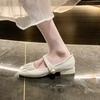 Fashion Low Heel Single Shoes Fashion Square Toe Shallow Mouth Pleated Metal Buckle One Strap Soft Sole Non-Slip Block