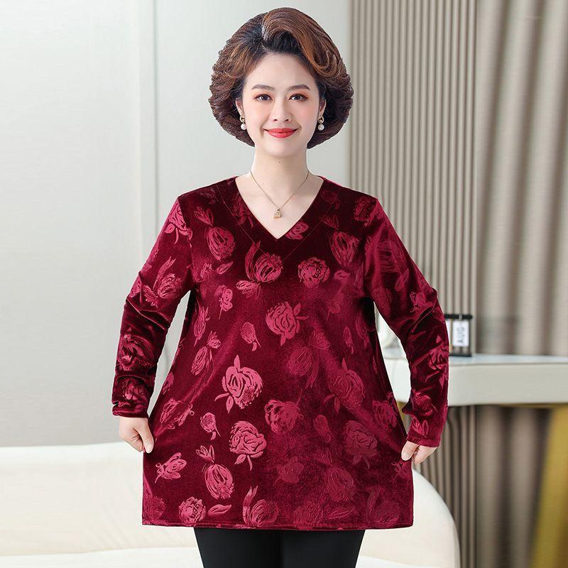 Damen Übergröße Samtbluse V-Ausschnitt Locker Bedruckte Samtbluse Frühling und Herbst Langarm Übergröße T-Shirt Top