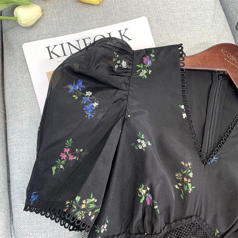 Květinové šaty pro ženy 2023 Móda Vintage Krátké rukávy Letní šaty s výstřihem do V