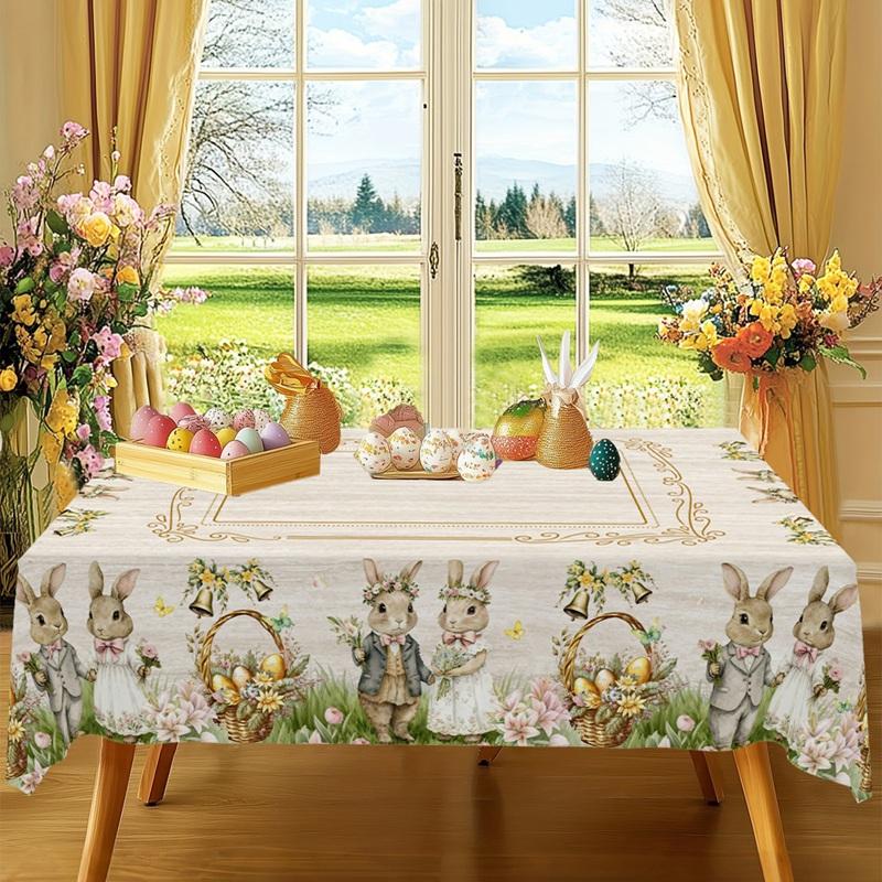 Rustic Easter Tablecloth Bunny Eggs Table Cover Farmhouse Easter Decorations for Home Kitchen Dining Spring Garden Tablecloth