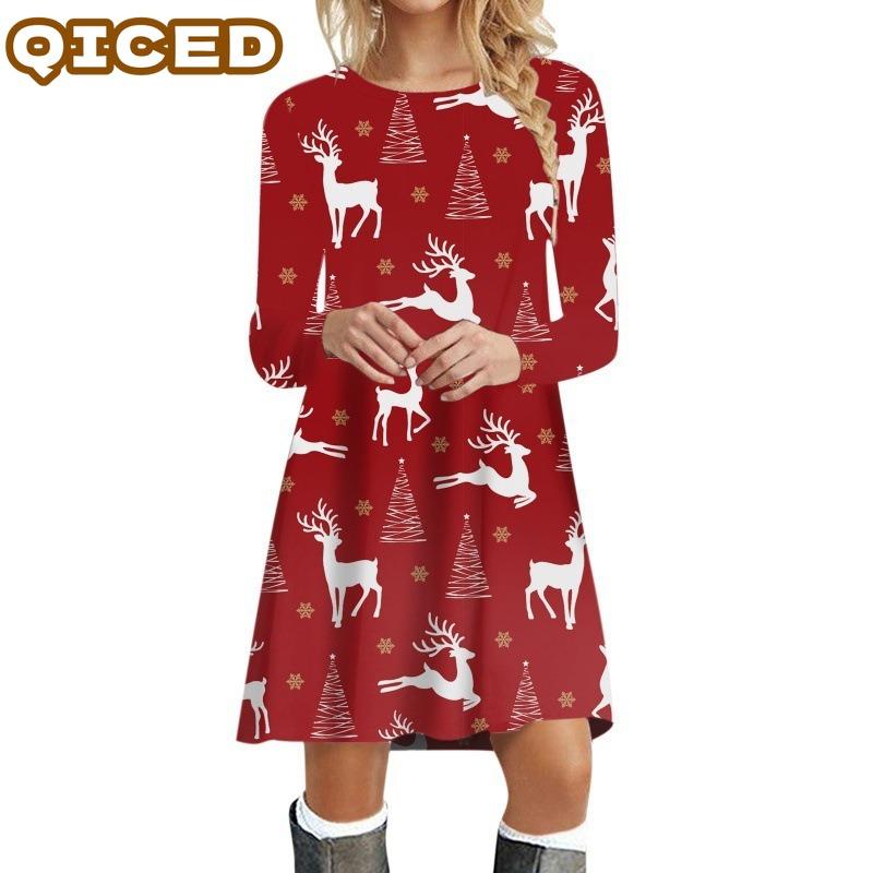 QICED Fashion Autumn Winter Long Sleeve O-Neck Casual Dresses