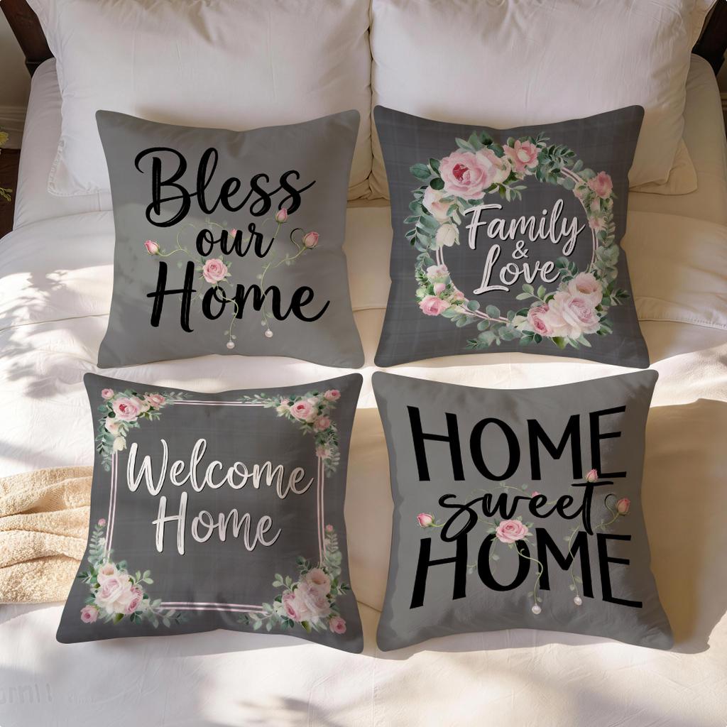 4 Pcs Monochrome Grey Floral Words Single-Sided Printed Pillowcase Cushion Cover,Suitable For Living Room,Bedroom,Car Decoration