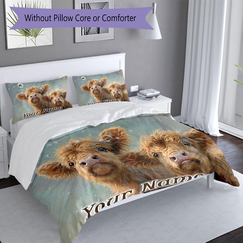 3PC Custom Name Highland Cattle Dreams Bedding Set Printed Bedding Set Duvet Cover Closure Includes 1 Duvet Cover & 2 Pillowcases for All Seasons Bedr