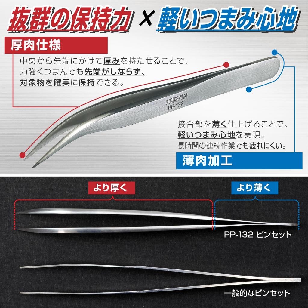 HOZAN 125mm 8mm Tweezers, Long, Opening, 0.6mm Tip, Tapered, PP-132