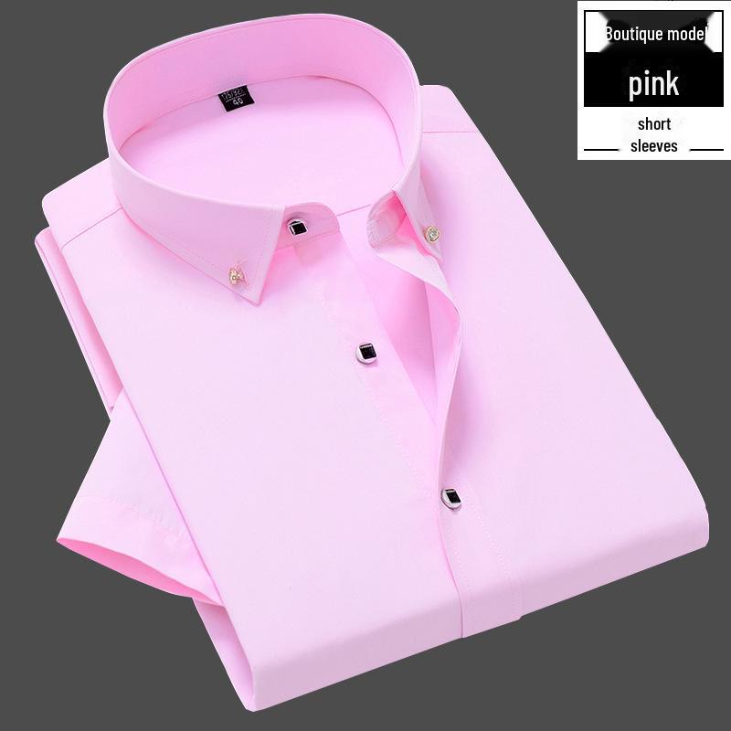 Men's White Short Sleeve Solid Color Professional Workwear Shirt with Diamond Buttons