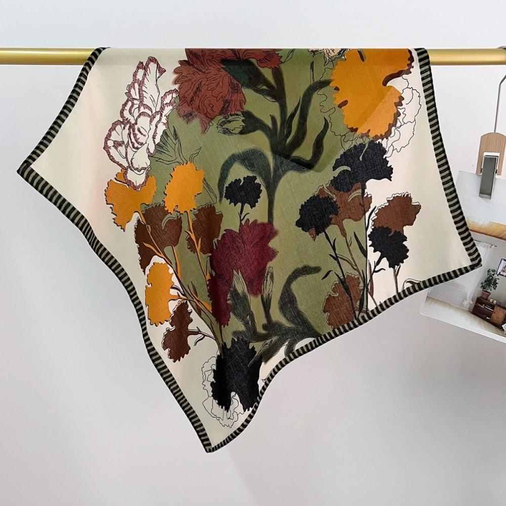 

68cm Retro Plant and Flower Scarf Women s Autumn and Winter Pastoral Style Polyester Fiber Scarf Warm Sun Protection Neck Shawl зелений