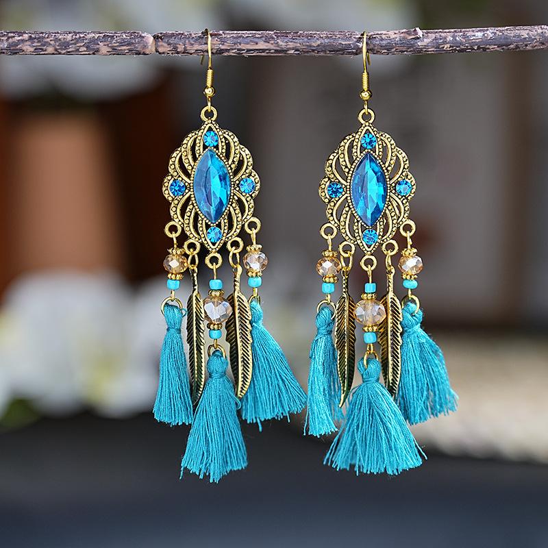 Boho Vintage Crystal Beads Drop Dangle Earrings For Women Handmade Leaf Tassel Geometric Hollow Antique Gold Color Jewelry Gift
