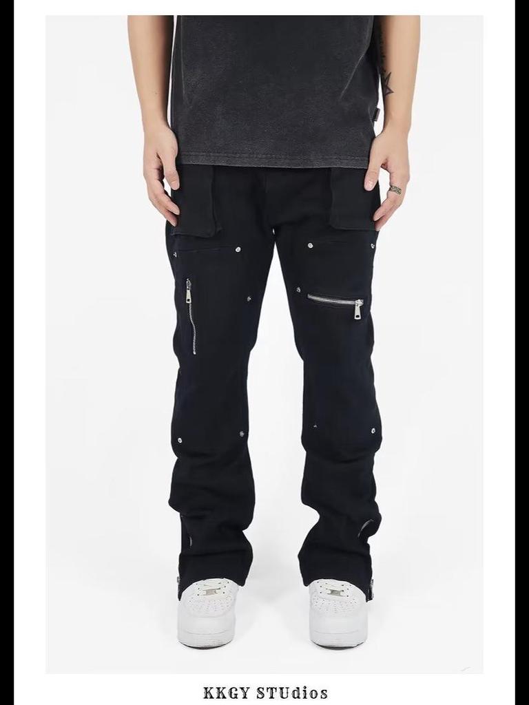 2023 Autumn Men's Loose Fit Solid Color Straight Jeans: Trendy Casual Overalls