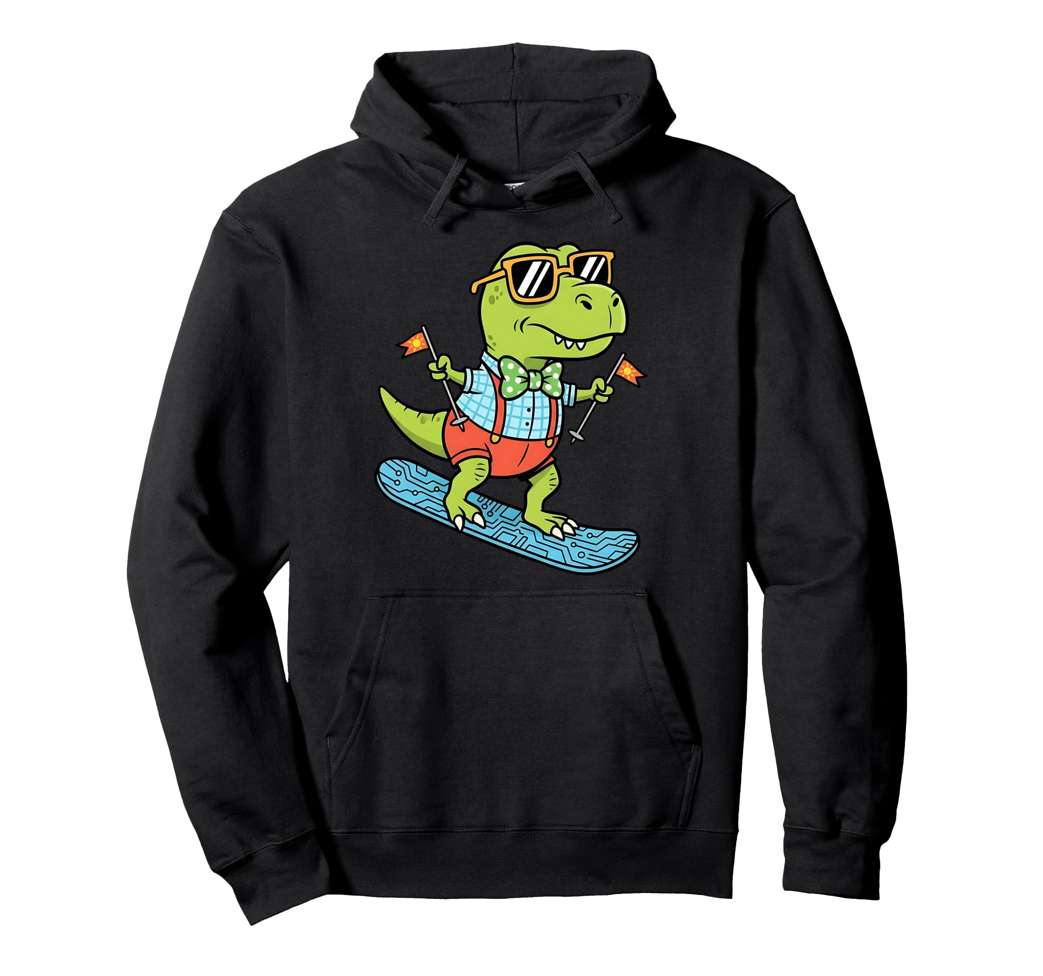 

Tyrannosaurus Rex Skis and Boards, Cute Kids Dinosaur Sunglasses, Comical Character Hoodie