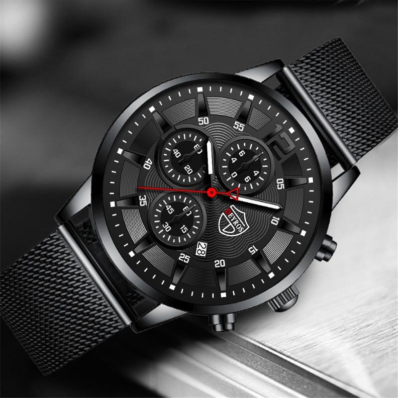 Fashion Business Men's Stainless Steel Mesh Strap Quartz Watch Fake Three Eyes With Date Watch