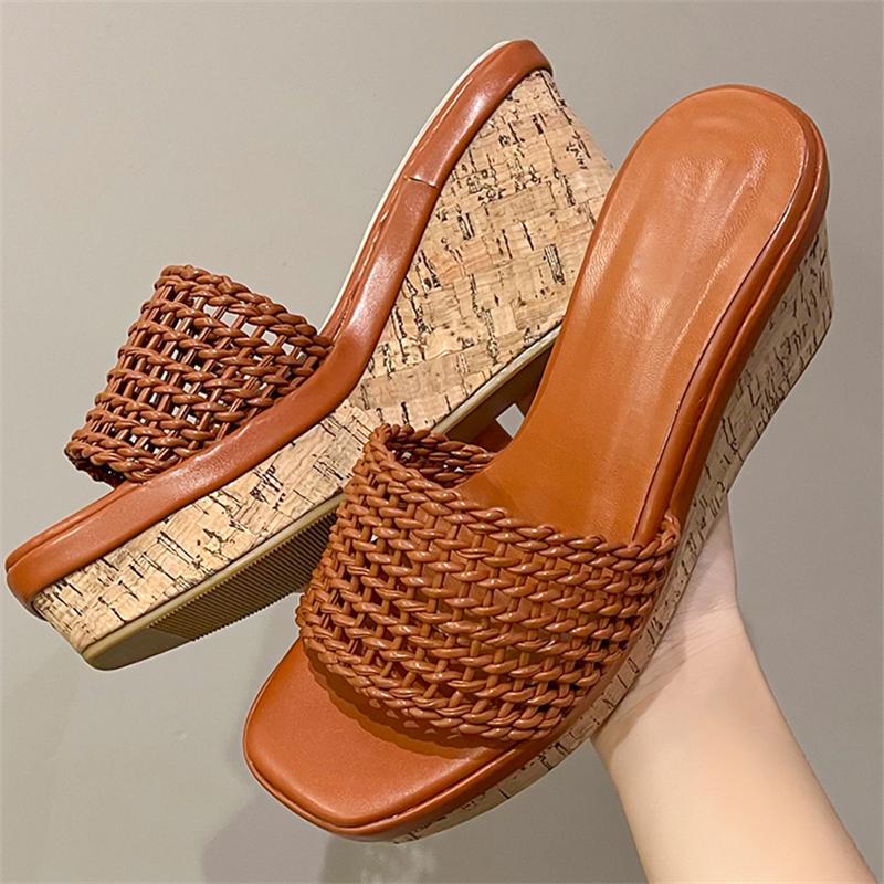 Pesstwei  Summer Street Designer Wood Grain High Heels Hollow Out Breathable Fashion Platform Wedges Woman Slippers Shoes