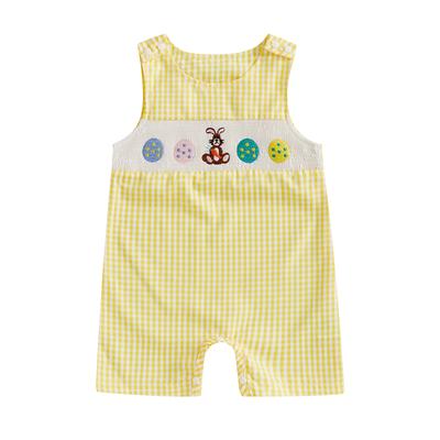 Baby Boys Girls Easter Jumpsuit Sleeveless Crewneck Egg Bunny Embroidery Plaid Tank Romper
