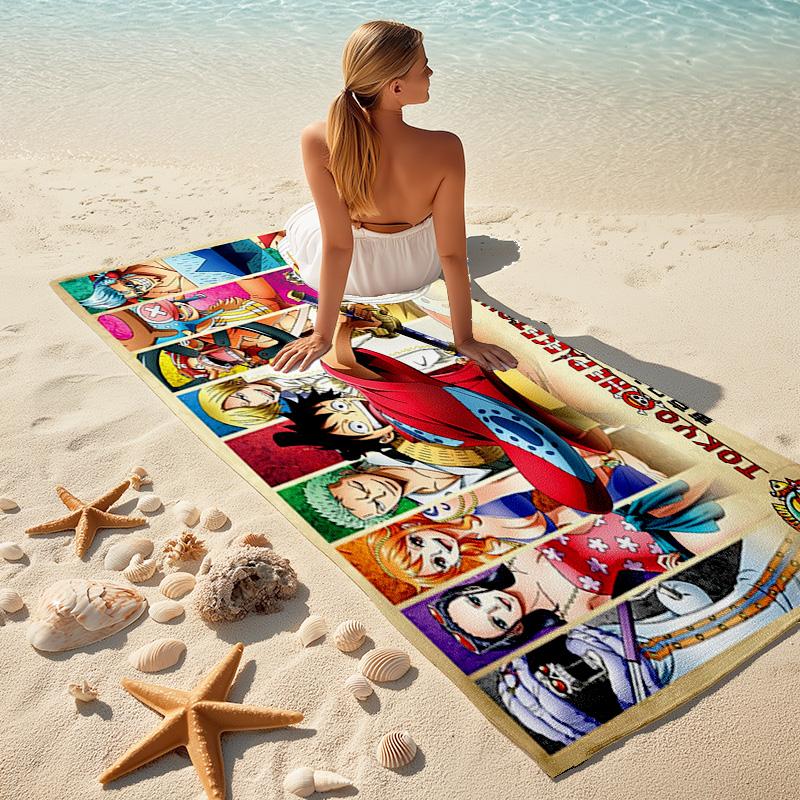 Classic Japanese element cartoon ONE PIECE Monkey D. Luffy beach towel outdoor camping vacation swimming beach towel outdoor absorbent bath towel Y6