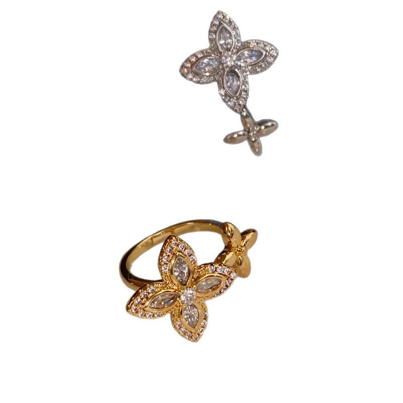 Gold Rhinestone Zirconia Flower Open Ring - Women's Luxury Adjustable Finger Ring