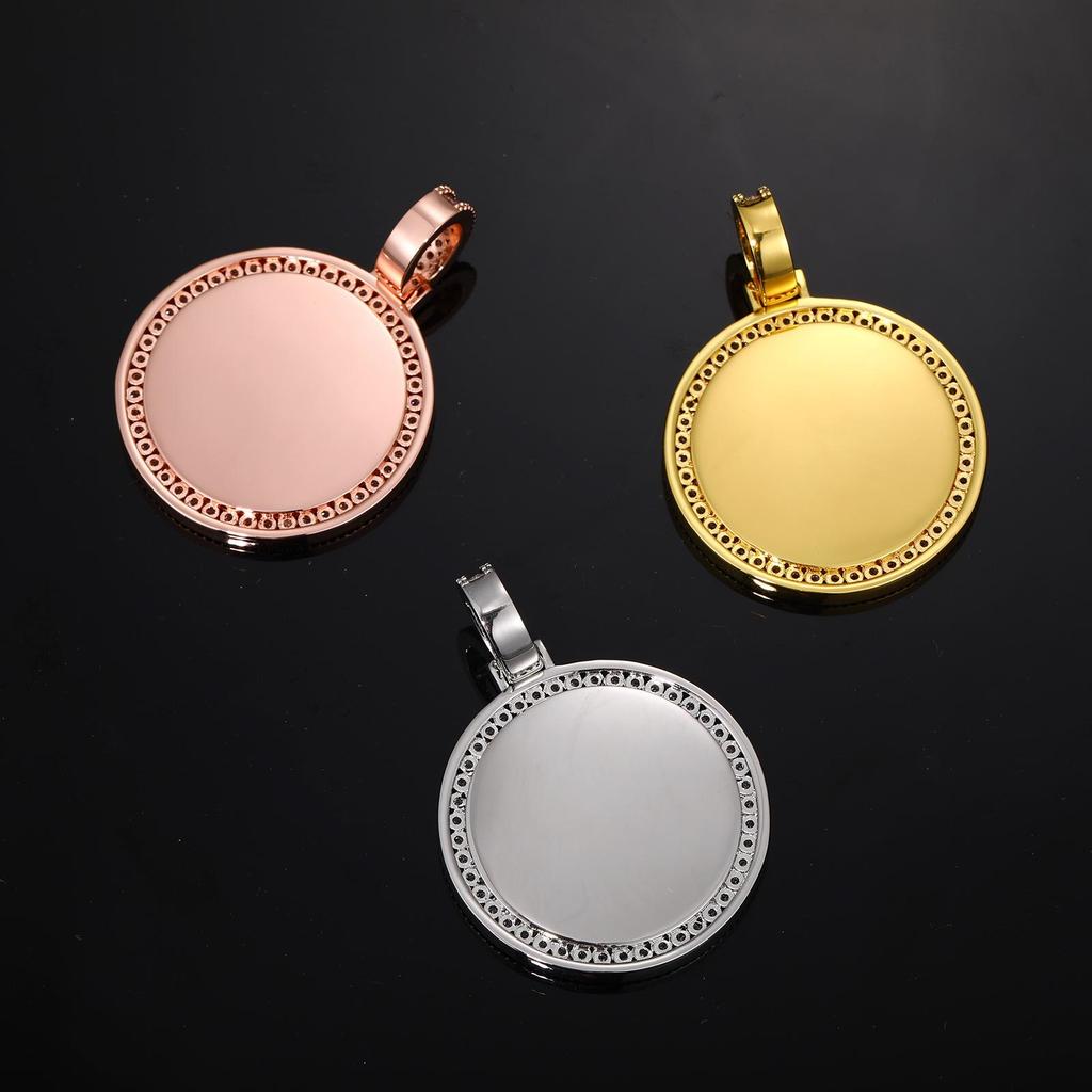 European Copper Zircon Round Hip Hop Photo Frame Pendant Necklace for Men