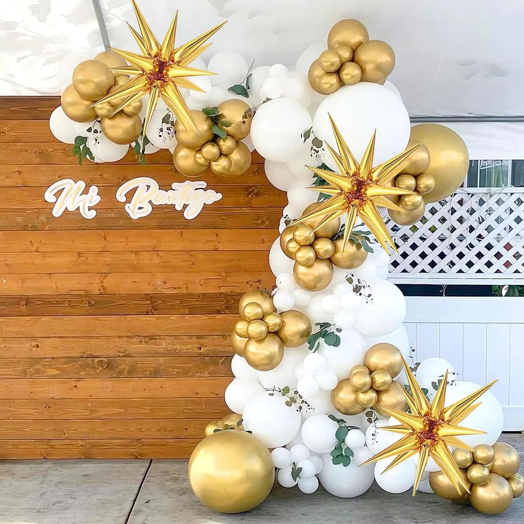 135pcs White and Gold Balloon Garland Arch Kit for Birthday Parties, Anniversaries, Weddings, Indoor and Outdoor Decorations