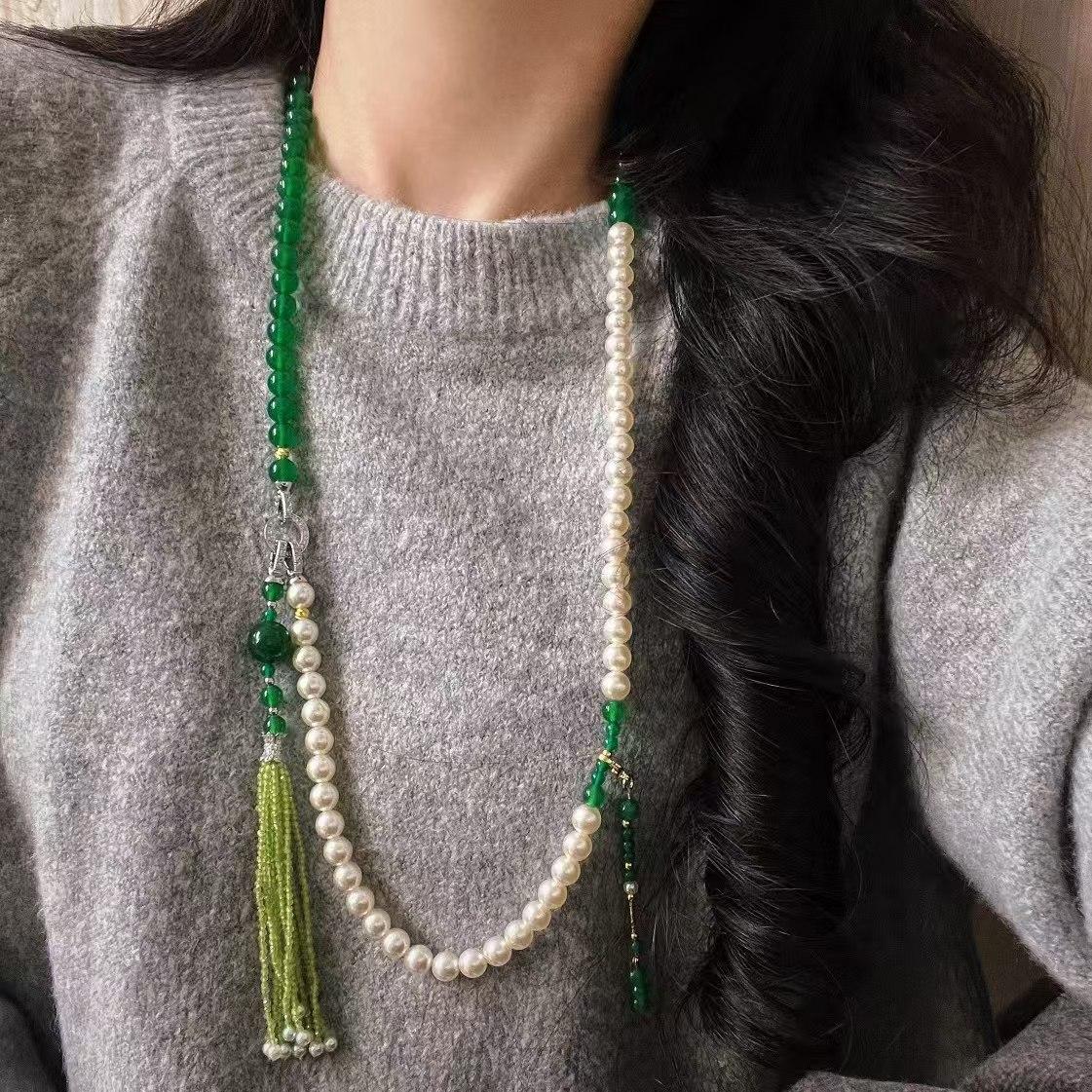 Vintage Design Sense Natural Olivine Tassel Chalcedony Artificial Crystal Pearl Sweater Chain