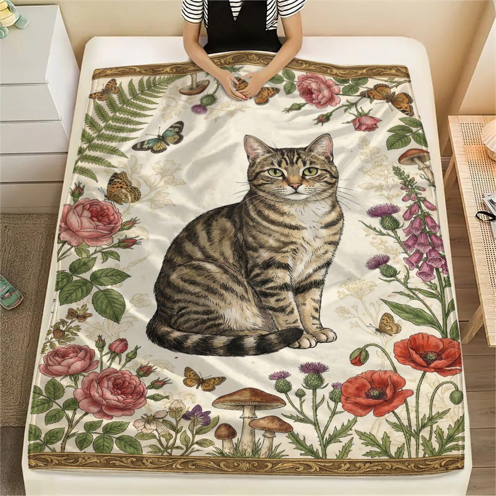 Cat Retro Print Flannel Blanket, High Quality Comfortable for All Seasons, Home Decor, Warmth and Comfort, Perfect for Christmas Gifts08