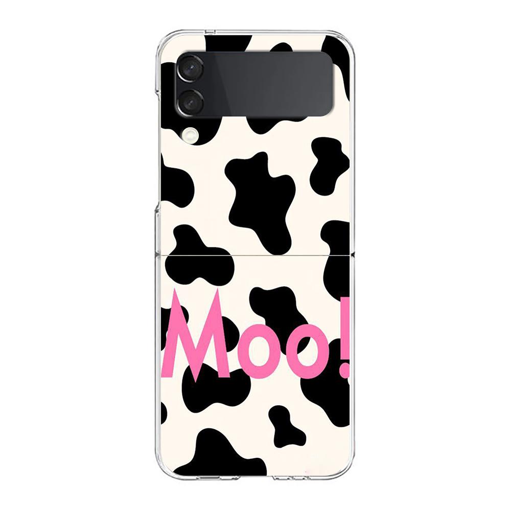 Transparent Phone Case For Samsung Galaxy Z Flip 3 4 5 6 7 Hard Folding PC Z Flip3 Flip4 Cover Dairy Cattle Cow Speckle Cute