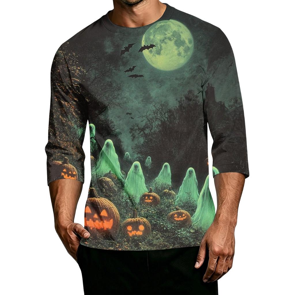 Men's Casual Halloween Pumpkin Print Crew Neck T-Shirt Three Quarter Sleeve Comfortable Fit Lightweight Fabric