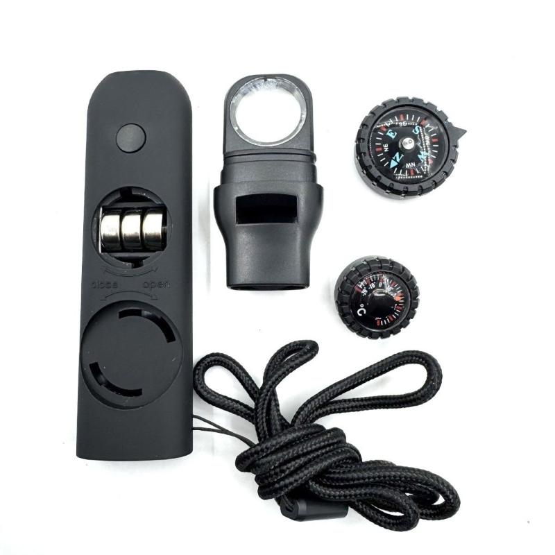 Camping, Camping, Seven In One Multi-Functional Portable Survival Whistle With Led Light, Thermometer, Compass, Magnifying Glass