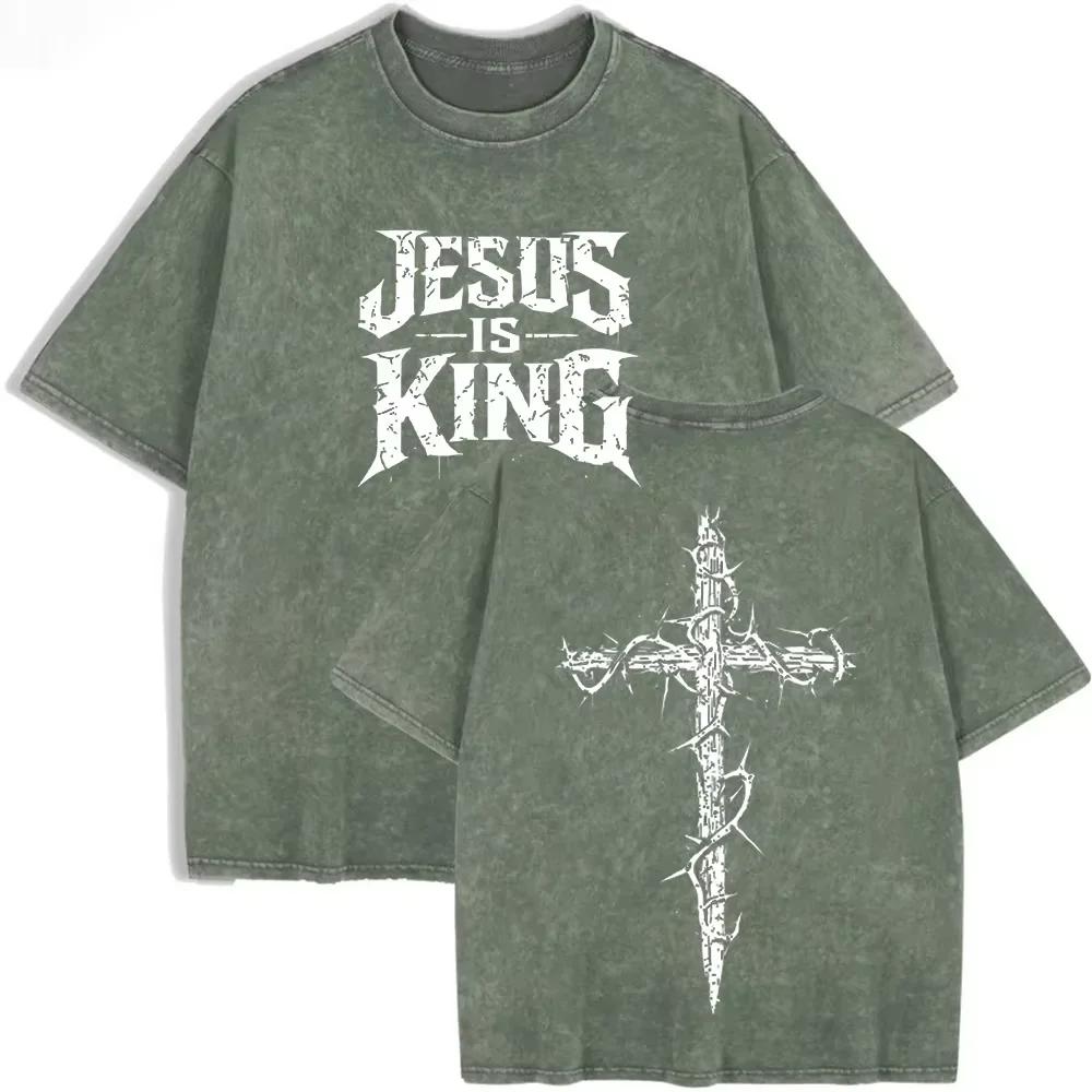 Asian Size Jesus Is King Cross Graphic Washed T Shirt Vintage Distressed Oversized Short Sleeve Streetwear Tee