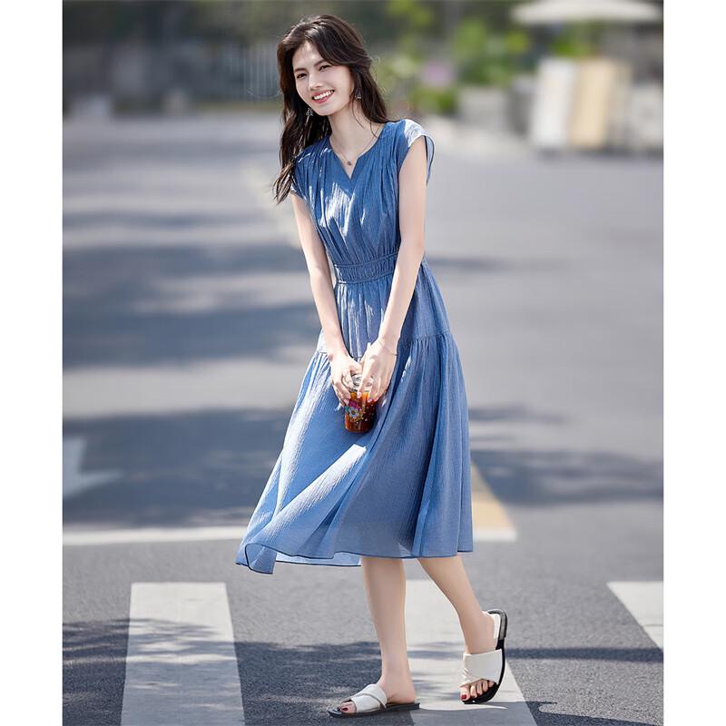 Elegantes Midi-Kleid im französischen Stil aus Tencel mit V-Ausschnitt und A-Linie