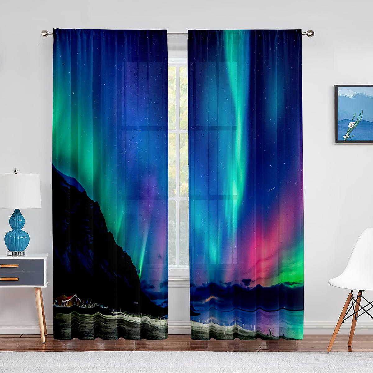 Cortina de gasa transparente con diseño de aurora boreal, hermosas maravillas de la naturaleza, para sala de estar, dormitorio, cocina, ventana, cortinas de tul 1 PCS W100XH250cm&Grommet Top blue