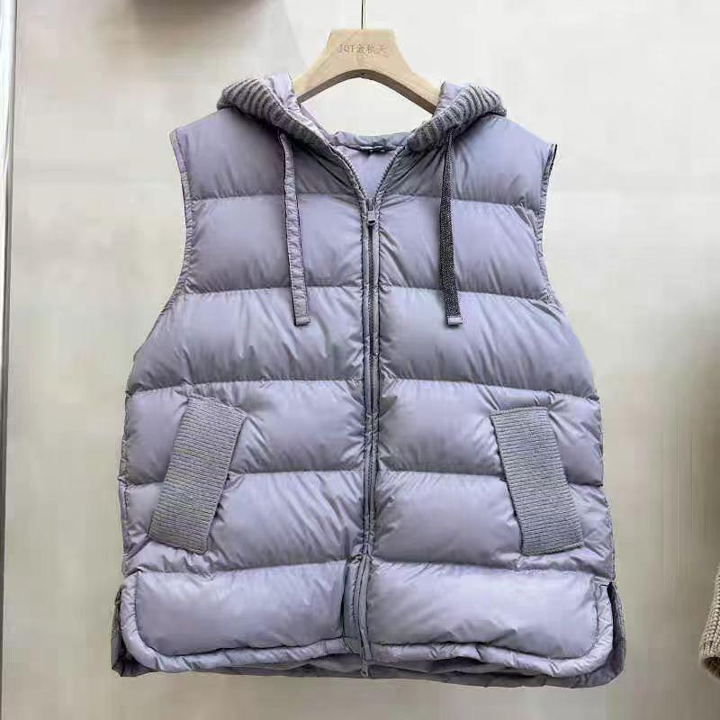 High Luxury White Goose Down Down Vest Women's 2025 Winter Fashion Lightweight Knitted Splicing Warm Vest Hooded Vest