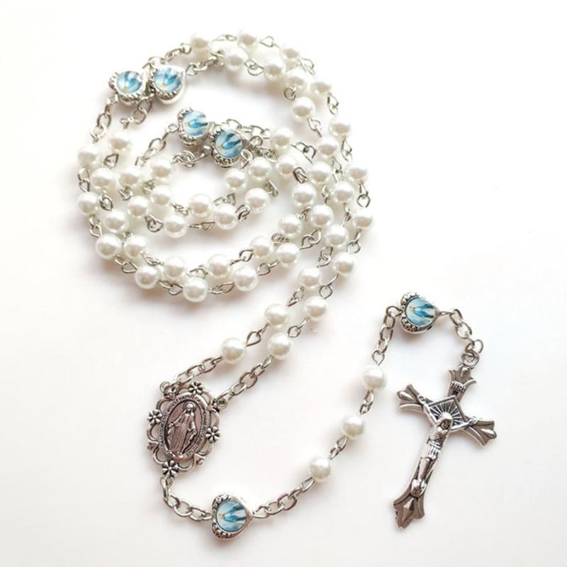 Pink Pearl-Rosary Beads Catholic Necklace Holy Medal-Cross-Christian Long Chain Necklace for Women and Men Jewelry