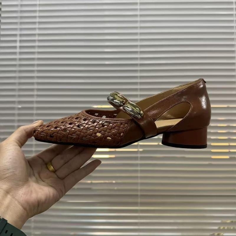 2025 Summer New Women's Cow  Braided Microfiber Patchwork  Mary Jane  Round Low Heel Sweet  Woven Single Shoes Sandal