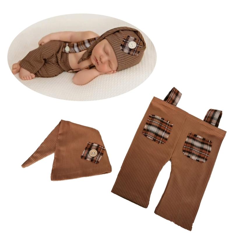 Baby Photography Props Overalls and Hat Outfit Photo Shoot Clothes Breathable Baby Infant Photography Costume Clothing