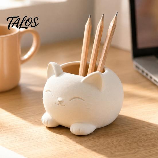 Milky White Cat Decor 3D Printed Ornament, Flower And Makeup Brush Holder, Design, Cute Planter Stable Base Decorative Plant Pot, for Office Desk Home