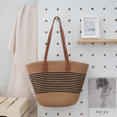Pastoral Cotton Rope Woven Bag Women's Summer Large-capacity Striped Shoulder Bag Vegetable Basket Seaside Beach Tote Bag