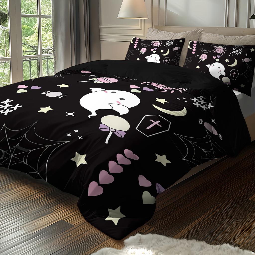 3-teiliges Halloween Niedliches Geist Gedrucktes Bettwäsche Produkte Kernloses Set Schlafzimmer Wohnzimmer Studentenwohnheim Mehrere Größen Maschinenwaschbar