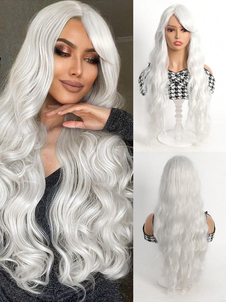 White Long Wig for Women 28 Inch Curly Wig Wavy Bangs Wig for Cosplay Party Halloween Christmas Daily Use